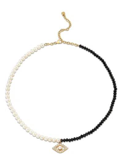 Sydney Evan Evil Eye Pearl Necklace In Gold