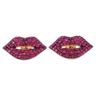 Pre-owned Sydney Evan Lips Earrings In 14k Rose Gold With Rubies In Red