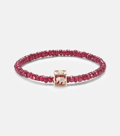Sydney Evan Open Icon 14kt Gold Beaded Bracelet With Rubies And Diamonds In Red