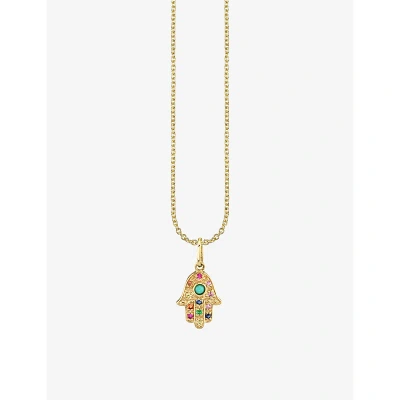 Sydney Evan Rainbow Hamsa 14ct Yellow-gold Sapphire, Ruby, Amethyst, Emerald And Turquoise Pendant Necklace In 14k Yellow Gold