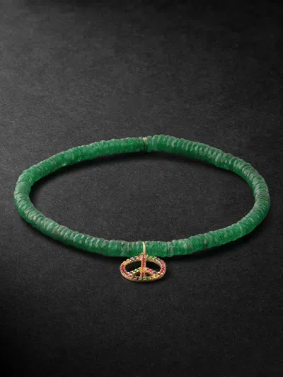 Sydney Evan Rainbow Peace Sign Gold Multi-stone Beaded Bracelet In Black
