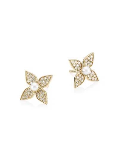 Sydney Evan Women's 14k Yellow Gold, 2.5mm White Pearl & Diamond Paisley Flower Stud Earrings