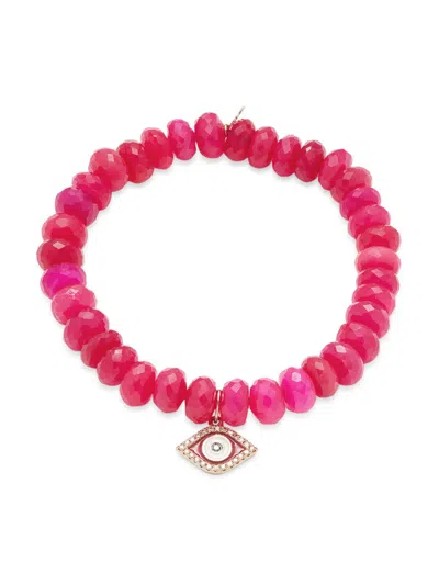 Sydney Evan Women's 14k Yellow Gold, Hot Pink Chalcedony Faceted Rondelle & Multi-stone Small Evil Eye Charm Bea