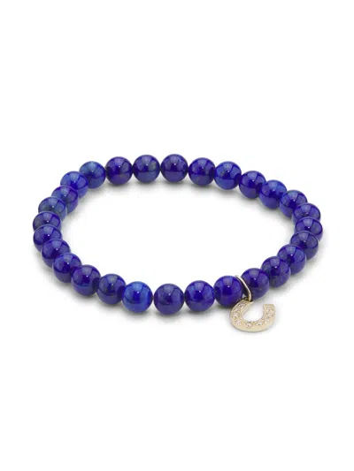 Sydney Evan Women's 14k Yellow Gold, Lapis Lazuli & 0.08 Tcw Diamond Horseshoe Beaded Stretch Bracelet In Metallic