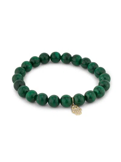 Sydney Evan Women's 14k Yellow Gold, Malachite & 0.08 Tcw Diamond Hamsa Hand Beaded Stretch Bracelet In Green