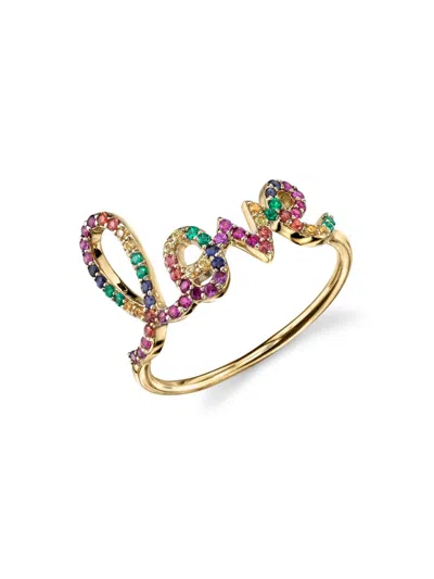 Sydney Evan Women's Bright Smiles 14k Yellow Gold & Rainbow Sapphire Large "love" Script Ring