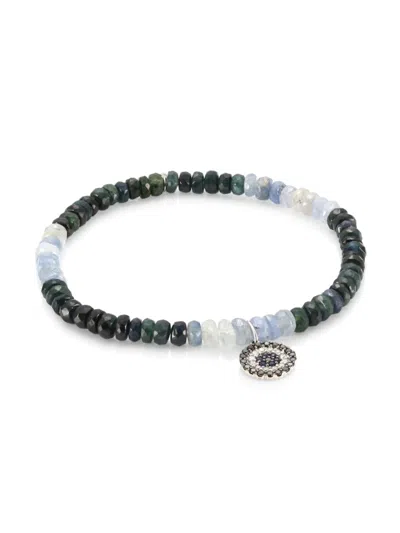 Sydney Evan Women's Small Evil Eye 14k White Gold, Diamond, Black Diamond & Blue Sapphire Beaded Bracelet In Orange