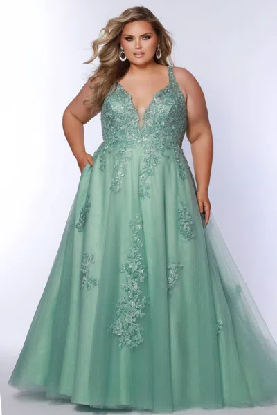 Sydney's Closet A-line Prom Dress With Lace In Sage In Green