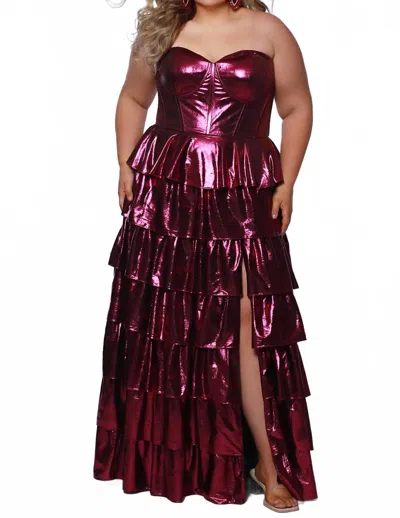 Sydney's Closet Beat Goes On Metallic Tiered Prom Dress In Magenta In Burgundy