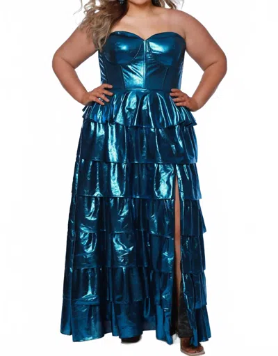 Sydney's Closet Beat Goes On Metallic Tiered Prom Dress In Turquoise In Blue