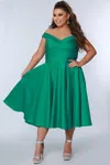 Sydney's Closet Ce2301 Plus Size Off Shoulder Tea Length Dress In Green