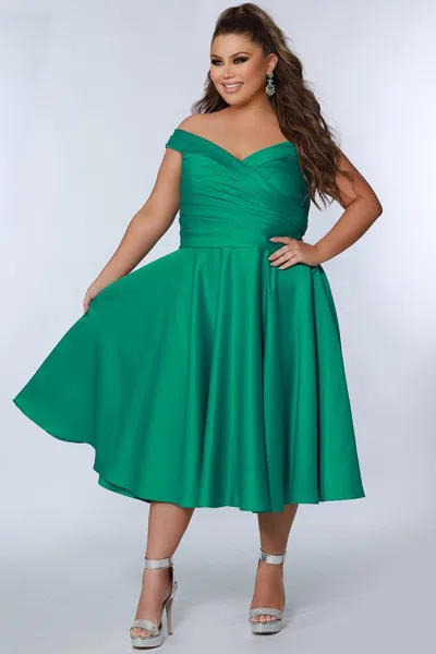 Sydney's Closet Ce2301 Plus Size Off Shoulder Tea Length Dress In Green