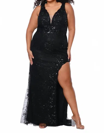 Sydney's Closet Curve-hugging Glitter Mesh Gown In Onyx In Black