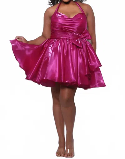Sydney's Closet Hot Satin Halter Mini Ball Gown In Berry In Purple