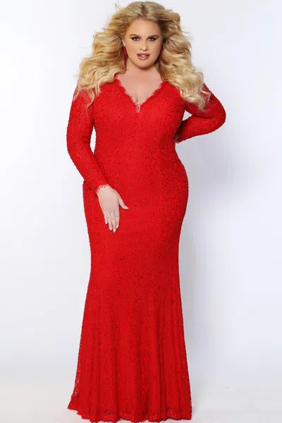 Sydney's Closet Jk2104 Long Sleeve Plus Size Formal Evening Gown In Red