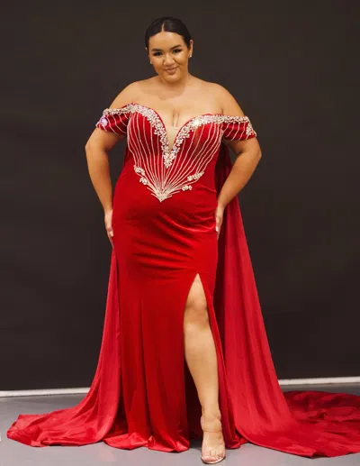 Sydney's Closet Jk2202 Long Off Shoulder Prom Plus Size Formal Gown In Red