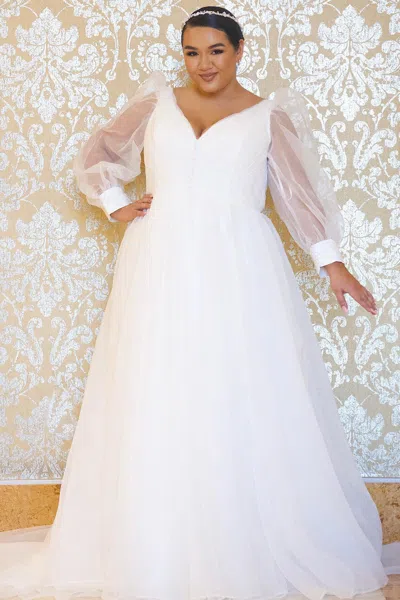 Sydney's Closet Jk2317 Plus Size Long Sleeve Evening Formal Gown In White
