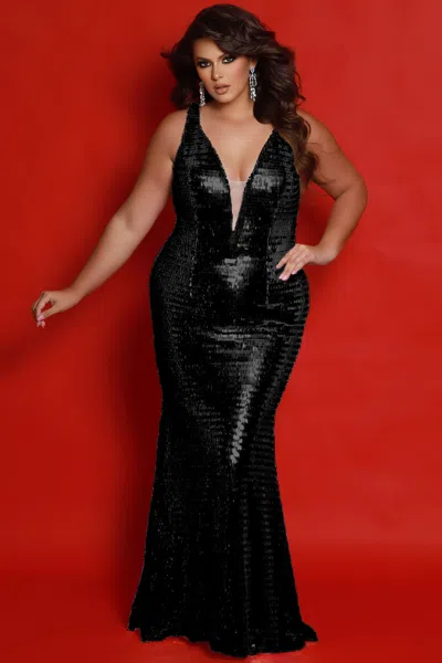 Sydney's Closet Jk2405 Fitted Long Layered Sequin Formal Plus Size Evening Dress In Black