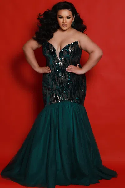Sydney's Closet Jk2411 Sequin Long Formal Mermaid Velvet Evening Plus Size Dress In Green