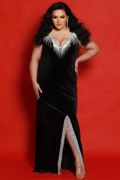 Sydney's Closet Jk2412 Long Fitted Beaded Slit Formal Velvet Plus Size Evening Dress In Black