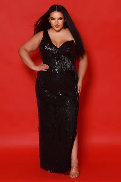 Sydney's Closet Jk2513 Fitted Sequin Long Slit Formal Prom Plus Size Dress In Black