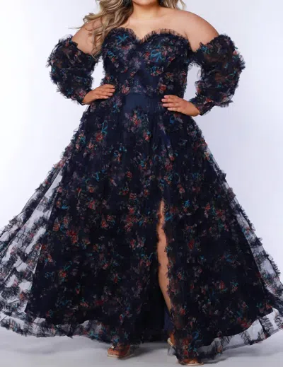 Sydney's Closet Lace Up Back A-line Gown In Navy In Blue