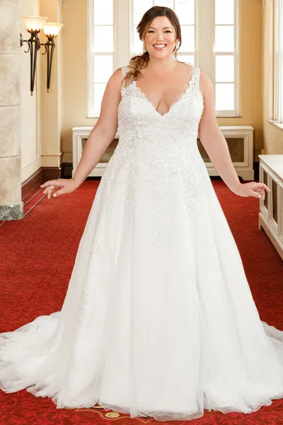 Sydney's Closet Mb2307 A Line Long Floral Lace Applique Wedding Plus Size Dress In White