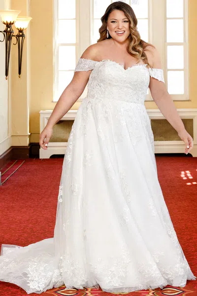 Sydney's Closet Mb2320 Floral Lace Long A Line Plus Size Sequin Wedding Dress In White