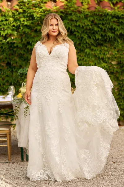 Sydney's Closet Mb2410 Long Floral Lacce Applique Plus Size Wedding Dress In White