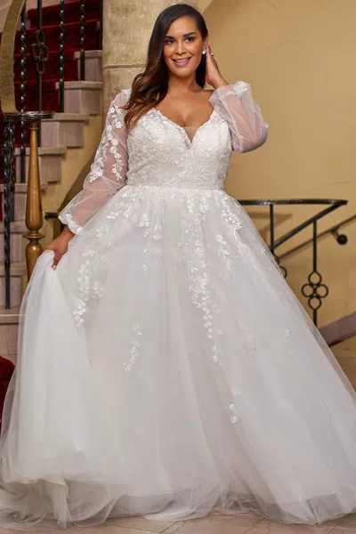 Sydney's Closet Mb2421 Plus Size Long Sleeve Floral Lace Wedding Dress In White