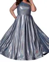 Sydney's Closet Off Shoulder Metallic Gown In Metallic Blue In Blue