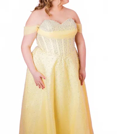 Sydney's Closet Pearl Embellished Off The Shoulder Gown In Canary In Yellow