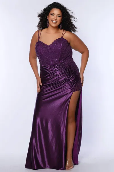 Sydney's Closet Pleated And Embellished V-neck Satin Gown In Plum In Purple