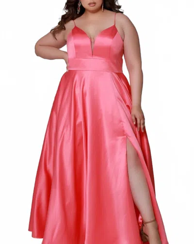 Sydney's Closet Plunging V-neck Maxi Gown With Slit In Coral In Pink