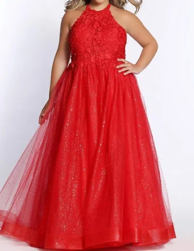 Sydney's Closet Plus Halter A Line Gown In Ruby In Red