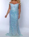 Sydney's Closet Plus Size Long Floral Mermaid Gown In Ice Blue In Blue