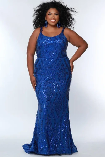 Sydney's Closet Sydneys Closet Plus Size Scoop Neck Fitted Sequin Evening Gown In Royal