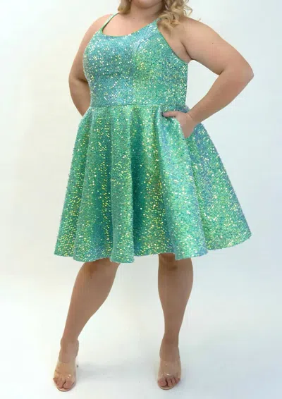 Sydney's Closet Quilted Sequin Prom Dress In Iridescent Green