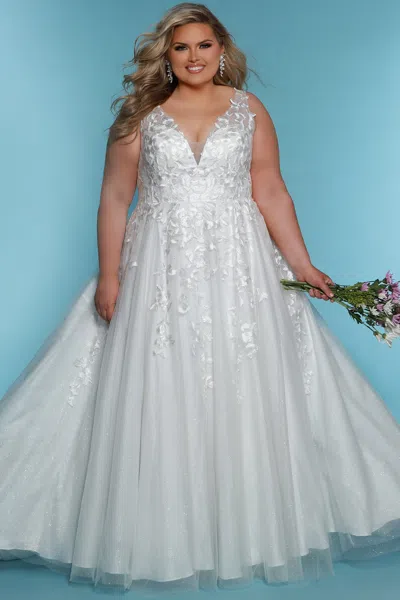 Sydney's Closet Sc5318 A Line Lace Long Glitter Wedding Gown In White