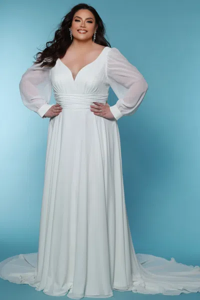 Sydney's Closet Sc5320 A Line Long Pleated Wedding Dress In White