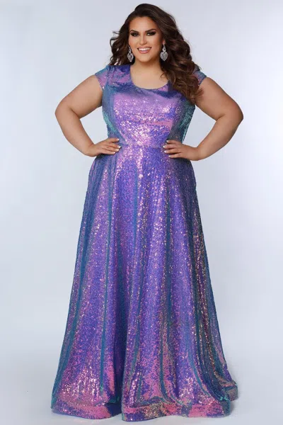 Sydney's Closet Sc7348 Plus Size Long Cap Sleeve Prom Dress In Purple