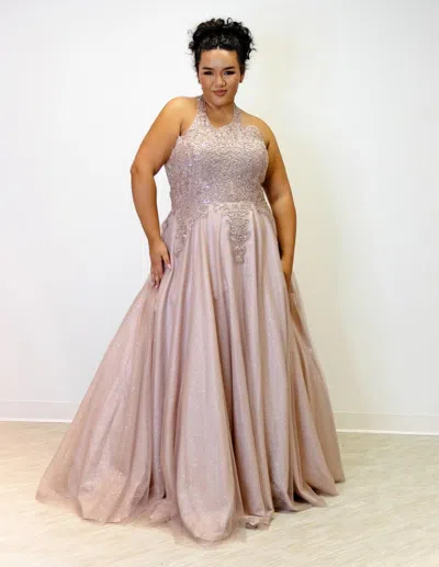 Sydney's Closet Sc7352 Plus Size Long Halter Prom Dress In Brown
