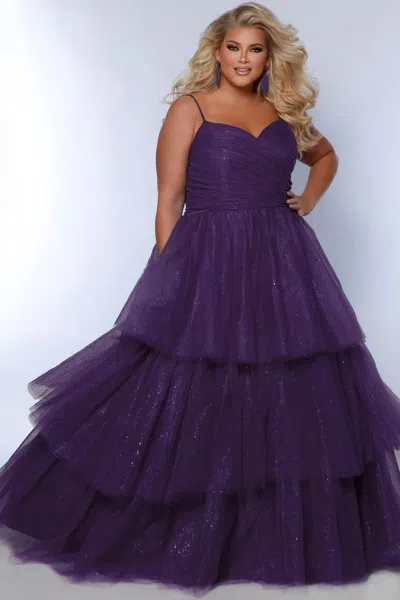 Sydney's Closet Sc7392 Long Ball Gown Pleated Formal Prom Glitter Plus Size Dress In Purple