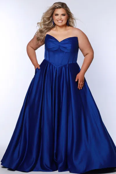 Sydney's Closet Sc7400 Long Pleated Ball Gown Prom Formal Plus Size Dress In Blue