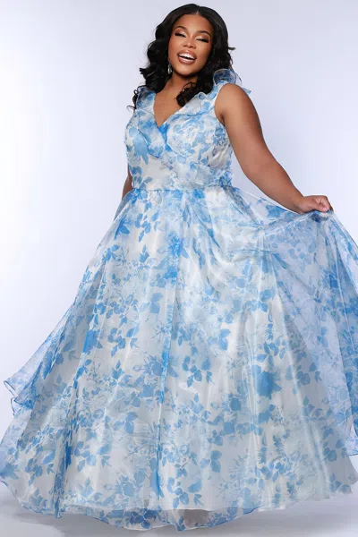 Sydney's Closet Sc7404 A Line Long Floral Formal Printed Plus Size Prom Dress In Blue