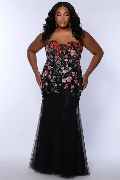 Sydney's Closet Sc7408 Prom Long Fitted Floral Formal Plus Size Dress In Black