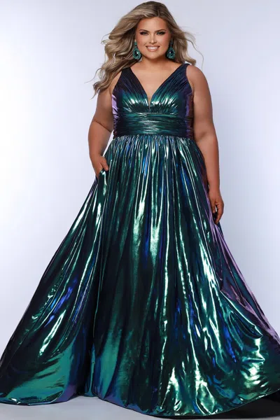 Sydney's Closet Sc7415 Long Formal Metallic A Line Prom Plus Size Dress In Green