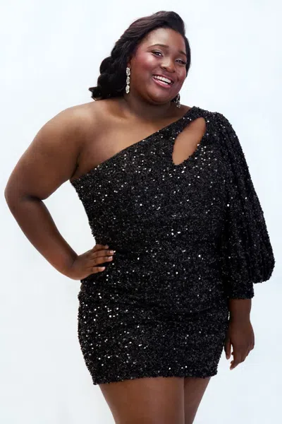 Sydney's Closet Sc8133 Plus Size Short One Shoulder Homecoming Dress In Black