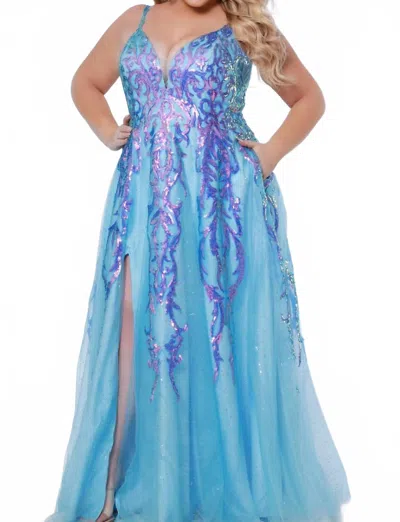 Sydney's Closet Sequin Applique Tulle Gown In Sky In Blue