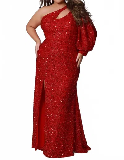 Sydney's Closet Sequin One Shoulder Long Sleeve Gown - Plus In Ruby In Red